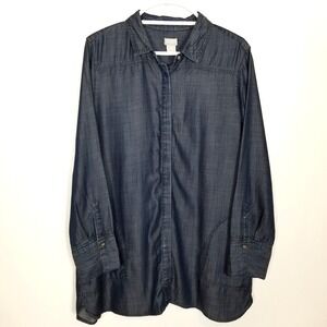 Chico's Women Denim Chambrey Tunic Top XL Navy Blouse Button Up Pockets